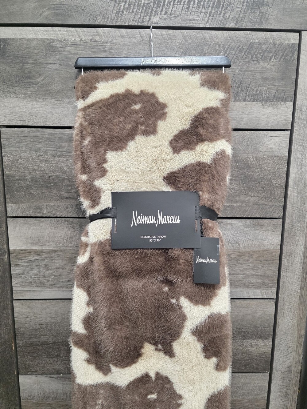 Neiman Marcus Faux Fur Cow Print Brown White Decorative Throw Blanket 50"x70"